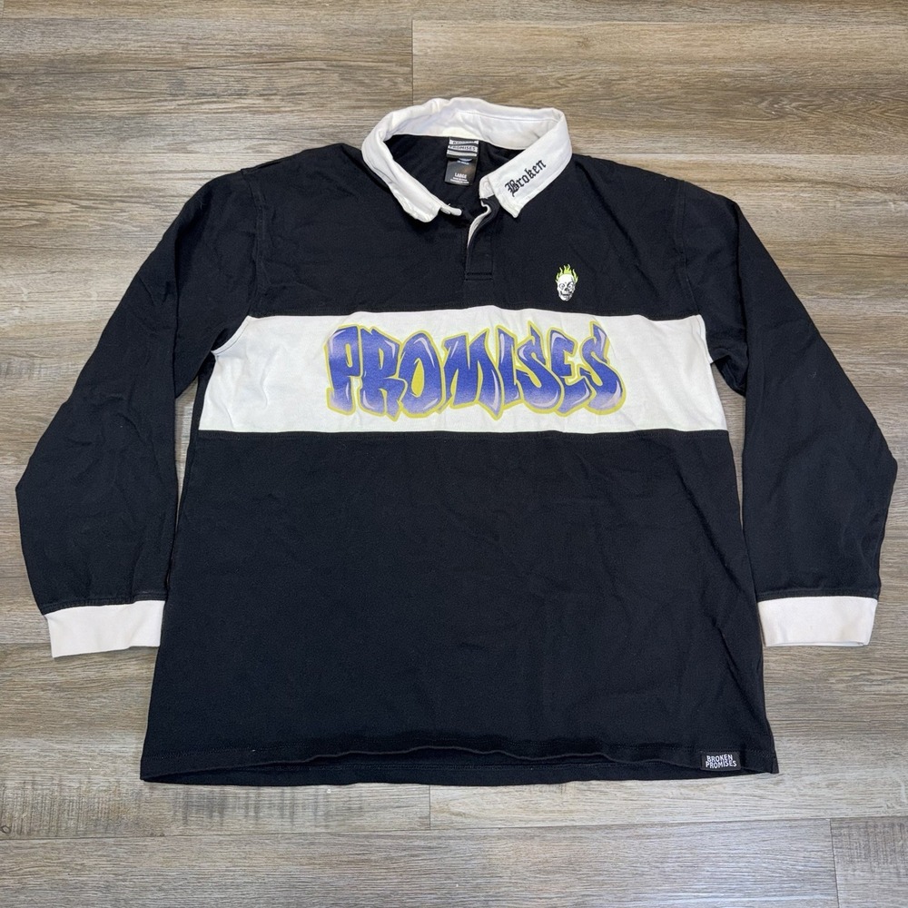 Broken Promises Airbrush Oversized Black Long Sleeve Polo Shirt Mens Large